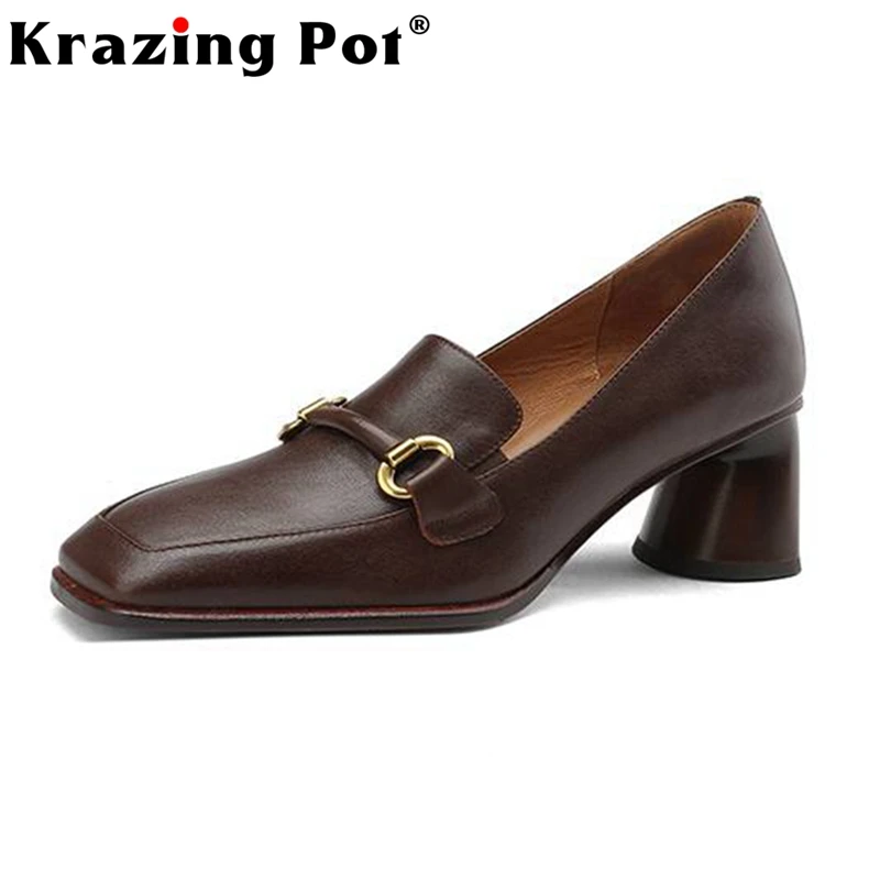 

Krazing Pot Cow Leather Square Toe Thick High Heels Spring Shoes Metal Decorations Office Lady Cozy Mature Slip on Women Pumps