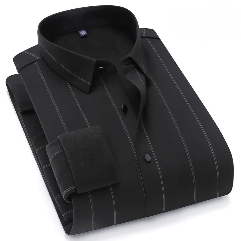 

2022 winter men's warm shirt casual business plus velvet and thick middle-aged stripe iron jacket formal