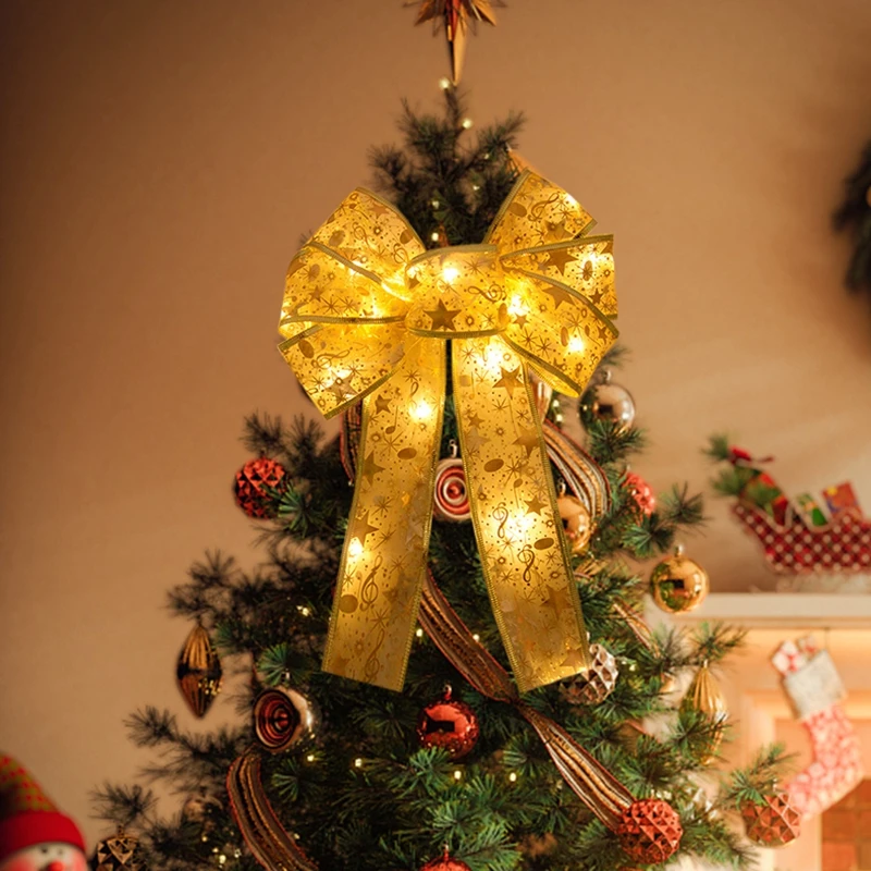 Xmas Tree LED Light Bow Ribbon Christmas Decorations For Home Tree Topper Hanging Ornament 2025 New Year Party DIY Gifts Craft