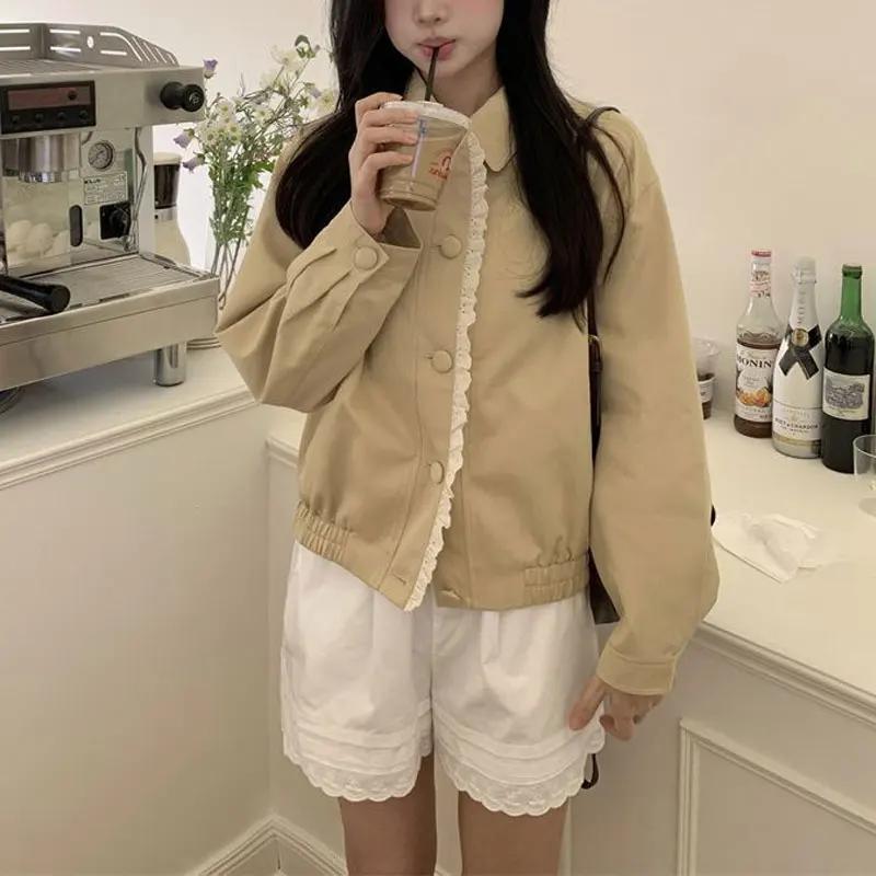 Abbigliamento da donna Cappotti corti tinta unita Colletto rovesciato vintage Autunno Elegante pizzo impiombato Giacche basic casual a maniche lunghe - immagine 2