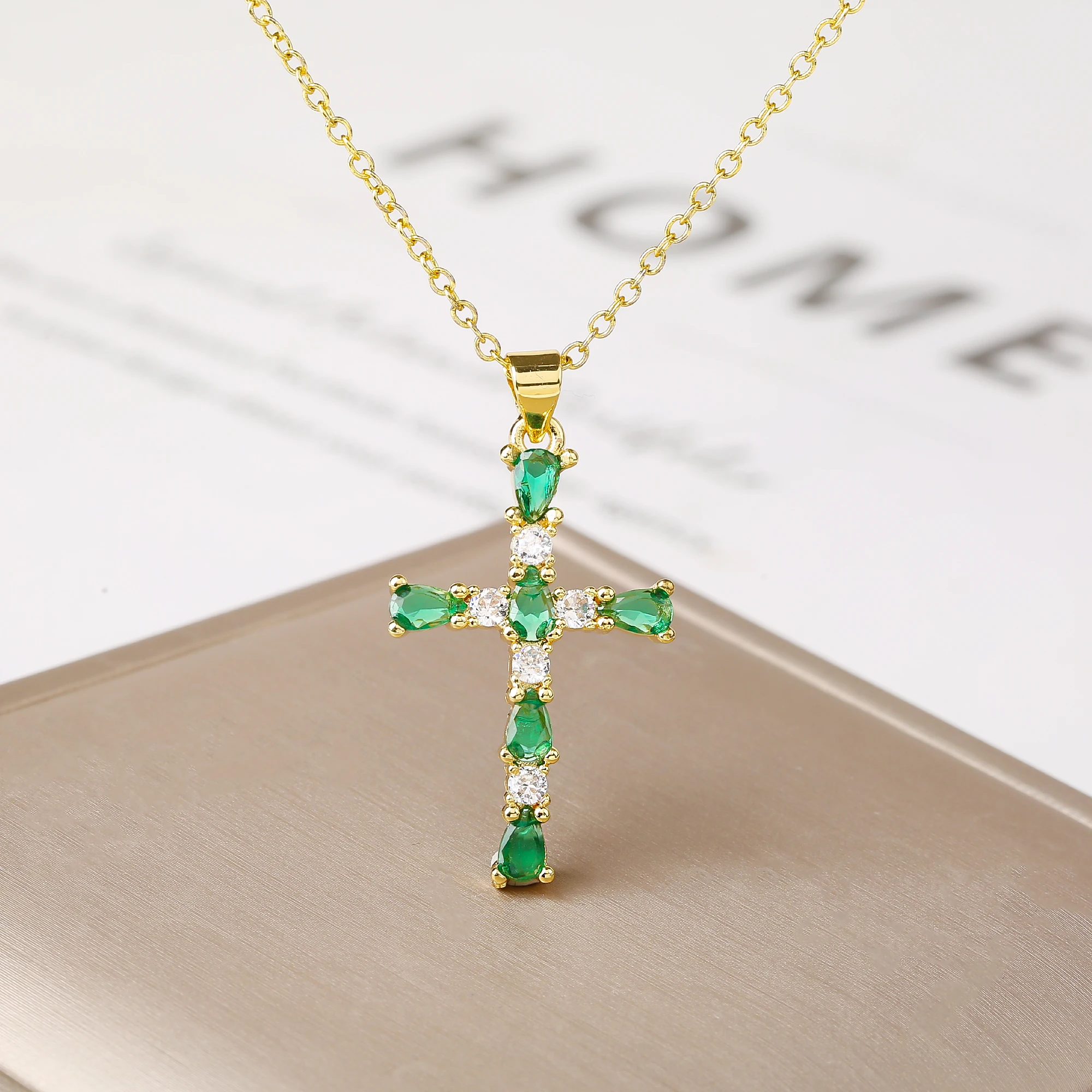 Elegant Gold Zircon Cross Necklace with Multicolor Gemstones - Fashionable Christian Jewelry Choker
