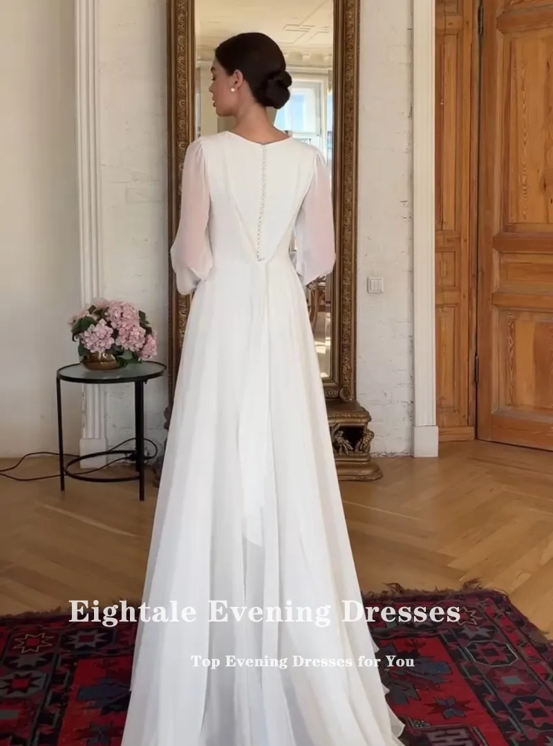 Eightale Boho Wedding Dress Customized O-Neck Long Sleeves White Ivory A-Line Chiffon Muslim Bridal Gown Vestido De Noiva