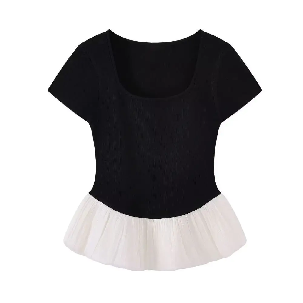 Short Sleeve Summer Knitted T-Shirt U-neck Patchwork Sweet Crop Tops Korean Style Slim Fit Mesh Ruffle T-Shirt Streetwear