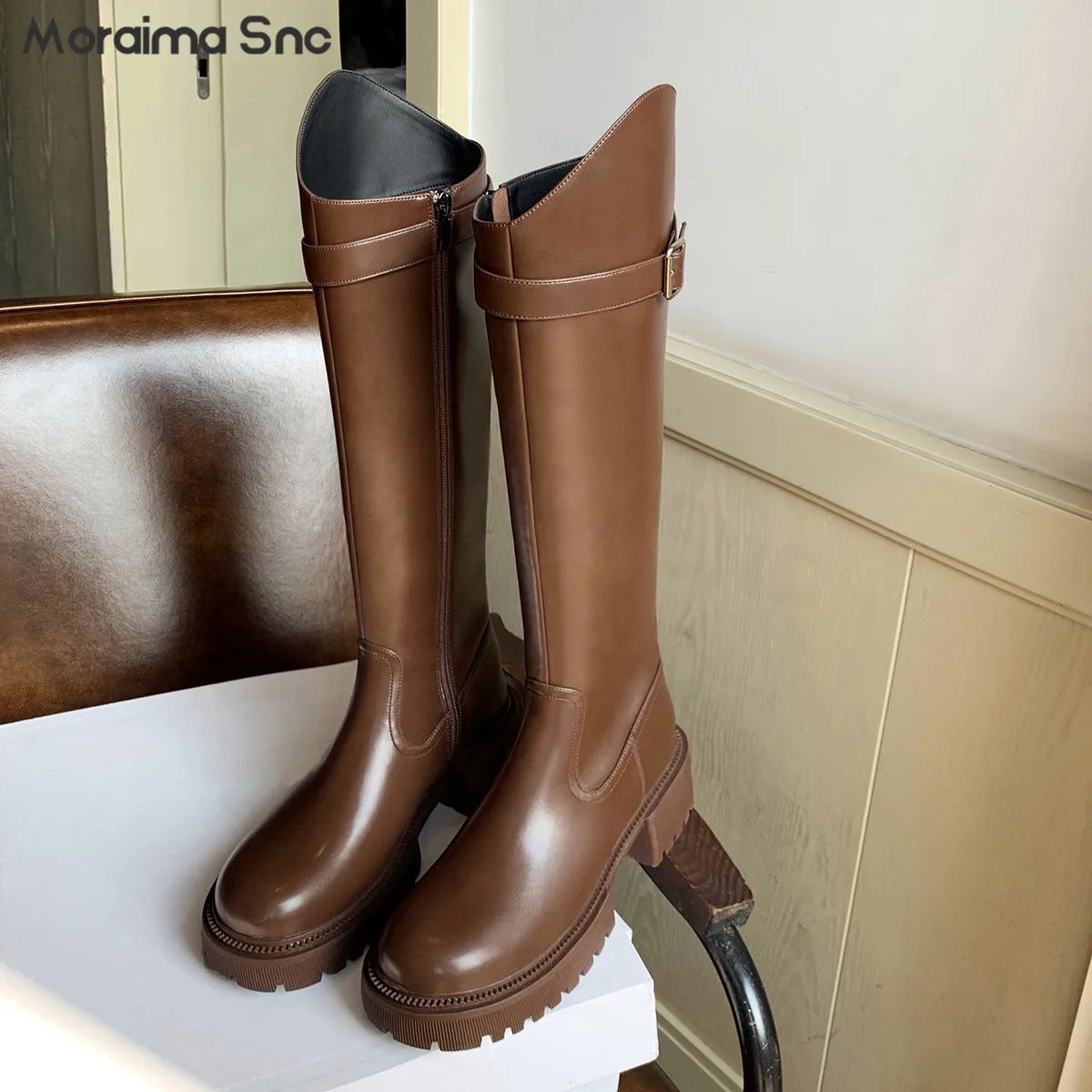 Belt Buckle Oblique Platform Long Boots Round Toe Thick Heel Knee-High Knight Boots Multi-Color Fashionable Casual Women's Boots