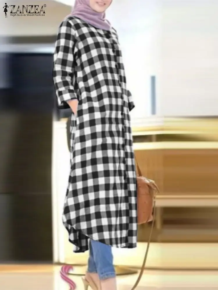 

ZANZEA Fashion Eid Mubarek Muslim Dress Casual Grid Printed Sundress 3/4 Sleeve Lapel Neck Shirtdress Elegant Street Vestidos