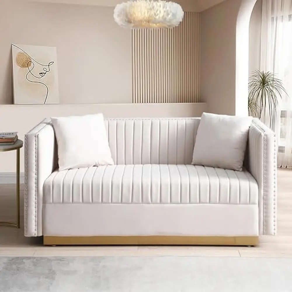 Description Picture 5 of itemVelvet Channel Tufted Sofa Set with Nailhead Trim and Gold Metal Legs Modern Living Room Furniture Apartments Sturdy Wood Frame