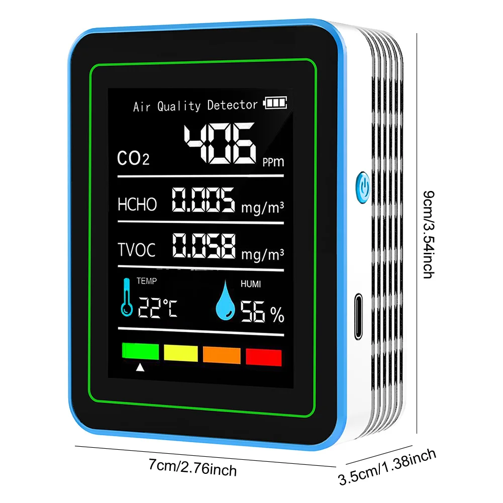 5-in-1 Air Quality Monitor Air Quality Detector USB Charging CO2 Detector Temperature and Humidity Monitor for Indoor Outdoor