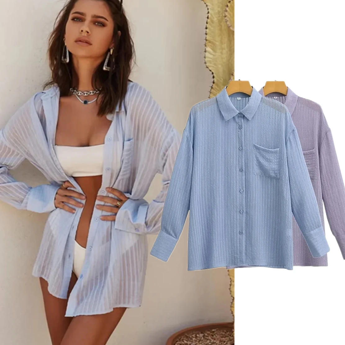 

Jenny&Dave Ins Blogger Retro Striped Blouse Fashion Perspective Pockets Sexy Casual Shirts Loose Blouse Women