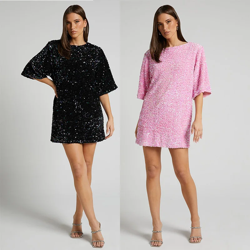 

Autumn Velvet Sequin Fashionable and Elegant Women Dress V-backless Short-sleeved Round Collar Sexy Party Dresses