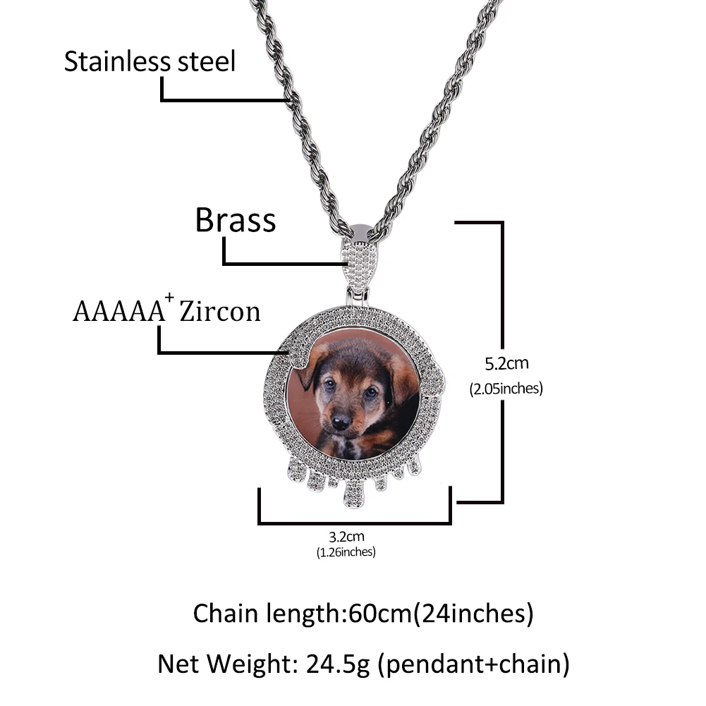 TBTK Custom Round Water Drip Photo Pendant Memory Picture Medallion Iced Out Cubic Zirconia Hiphop Jewelry For Gift