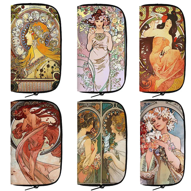 

Oil Painting By Alphonse Mucha Print Wallet Women Men Coin Money Bags Phone ID Credit Card Casual Holder Purse Long Wallets Gift