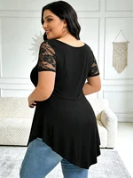 Women’s Plus Size Lace Panel Tunic Top,Short Sleeve Asymmetric Hem Flowy Blouse for Casual, Work, or Date Night Outfits - Image 2