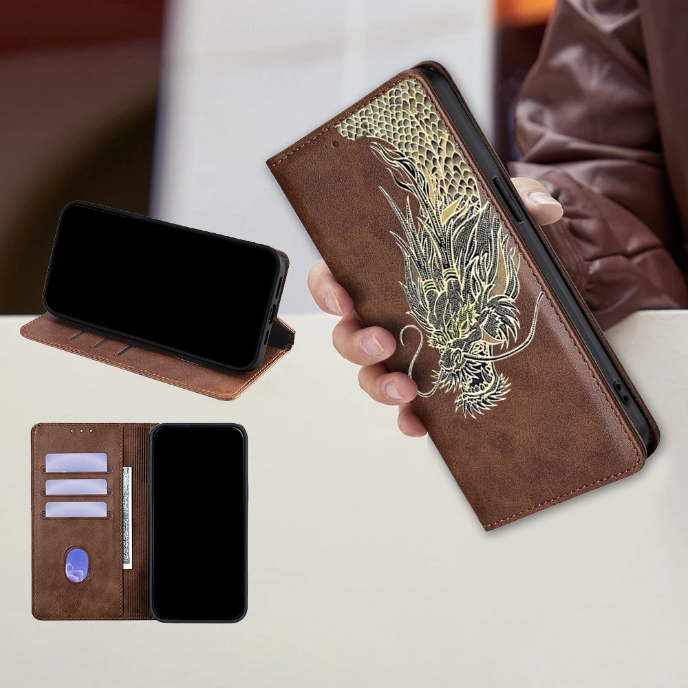 Dragon Pattern Leather Flip Cover - Full Protection Mobile Phone Case