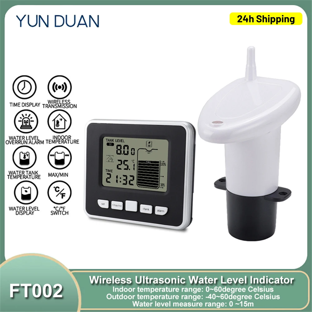 Ultrasonic Water Level Sensor Wireless Liquid Sensor Water Level Sensor  with Temperature Display
