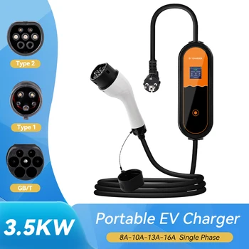 3.5KW Type2 Portable EV Charger 16A 1Phase EU Plug EVSE Charging 8A-10A-13A-16A Current Adjustable Electric Vehicle Charging 1