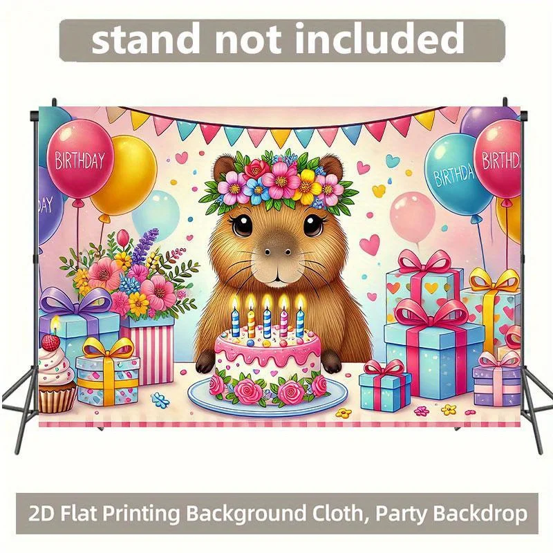 2D-Flugzeug – 1 Stück 2D-Flugzeug Capybara-Geburtstagsparty-Hintergrund: Lebendige Wanddekorationen aus Polyester, Luftballons, Geschenke und Kuchendesigns – Detail 4