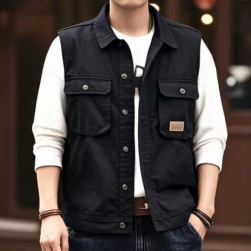 빈티지 데님 조끼 루즈핏 남성 재킷 홍콩 스트리트웨어 기능성 포켓 트렌디 봄 가을 레이어링 아이템 ?