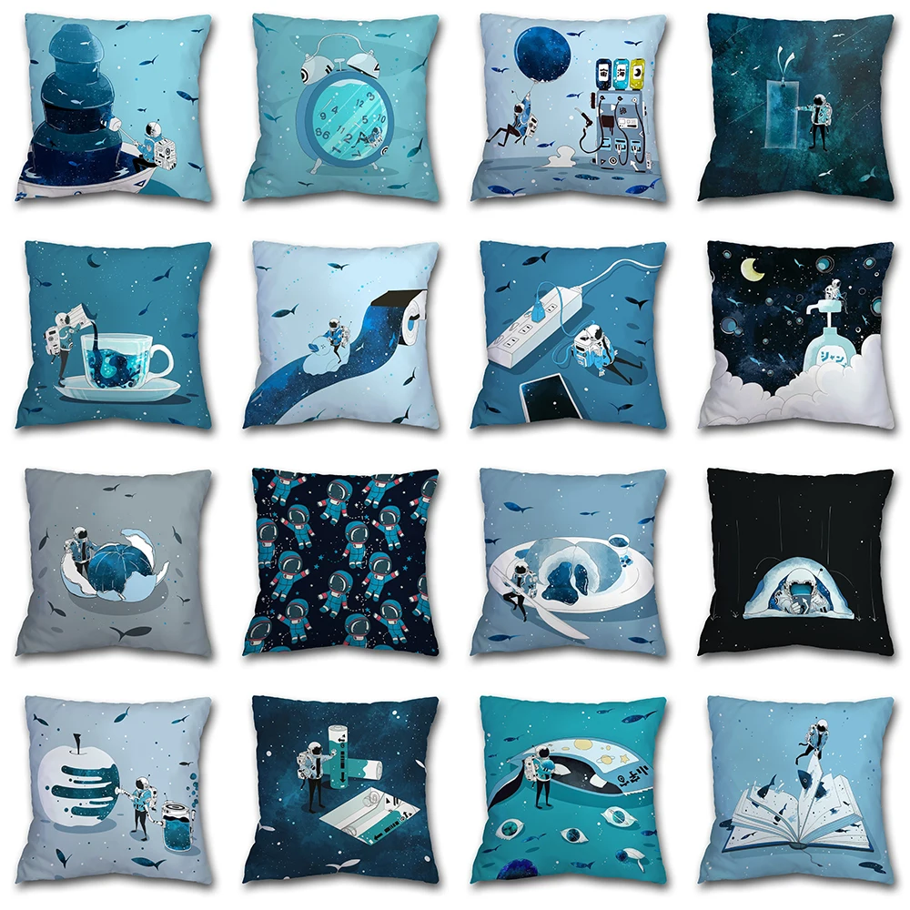 

45x45cm Ocean Blue Astronaut Creative Square Cushion Cover Home Living Room Sofa Car Waist Pillow
