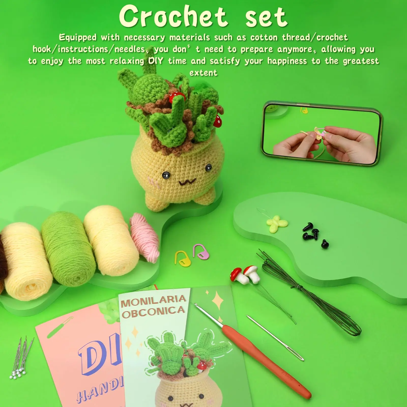Crochet Kit for Beginners Potted Plants Crochet Kits for Adults DIY Knitting Supplies with Step-by-Step Video Tutorial