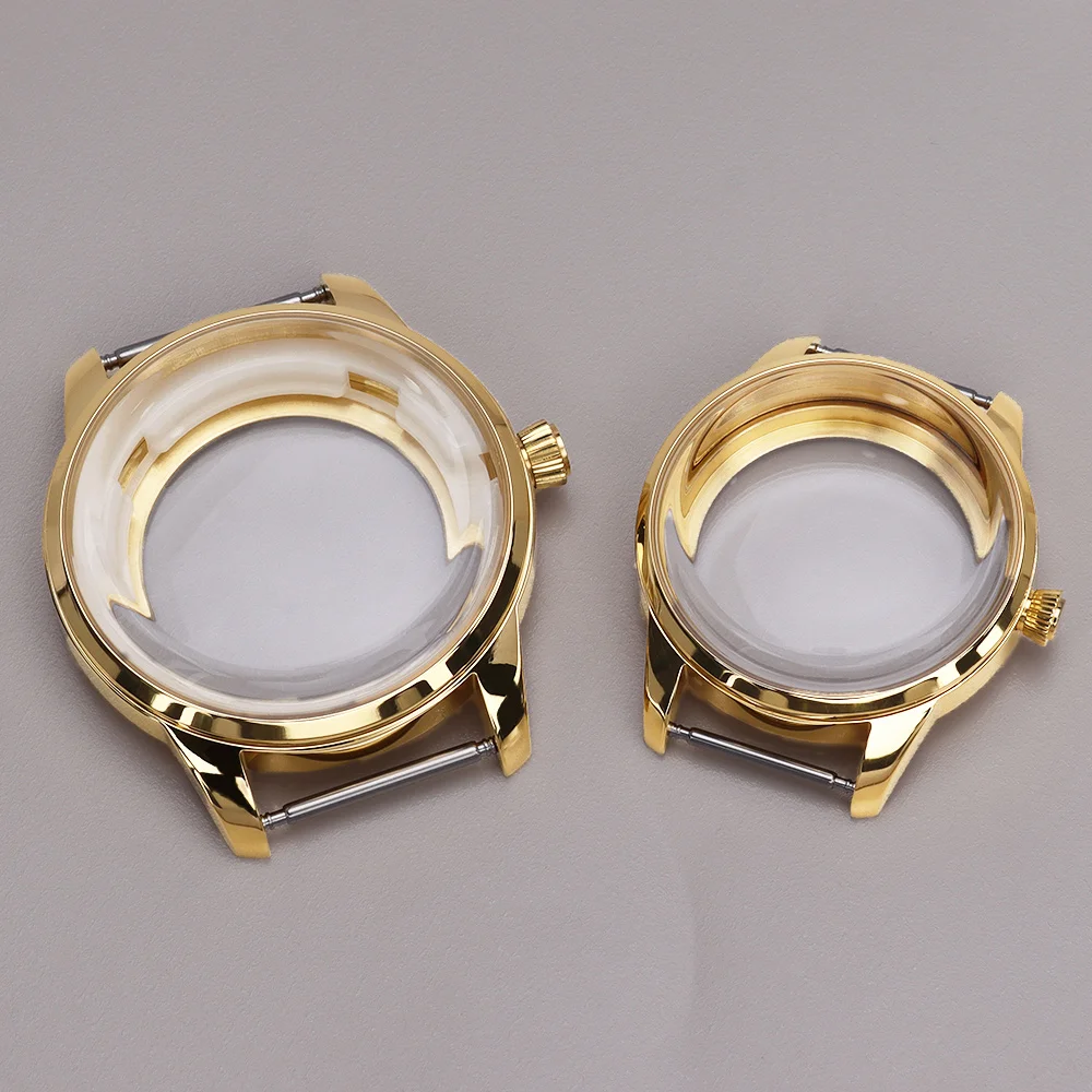 Elegant Stainless Steel Watch Case with Arched Glass and Transparent Back - Available in Silver, Gold, and Rose Gold Finishes