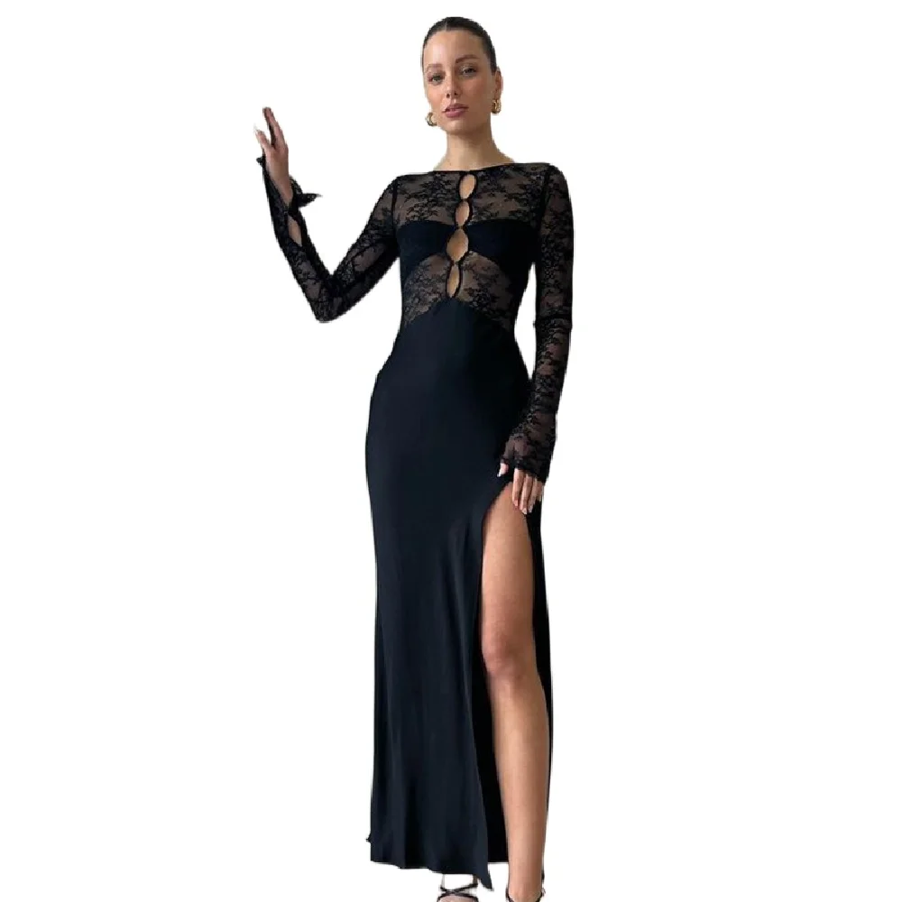 

European And American Autumn New Women's Lace Perspective Splice Sexy Spicy Girl Split Long Dress