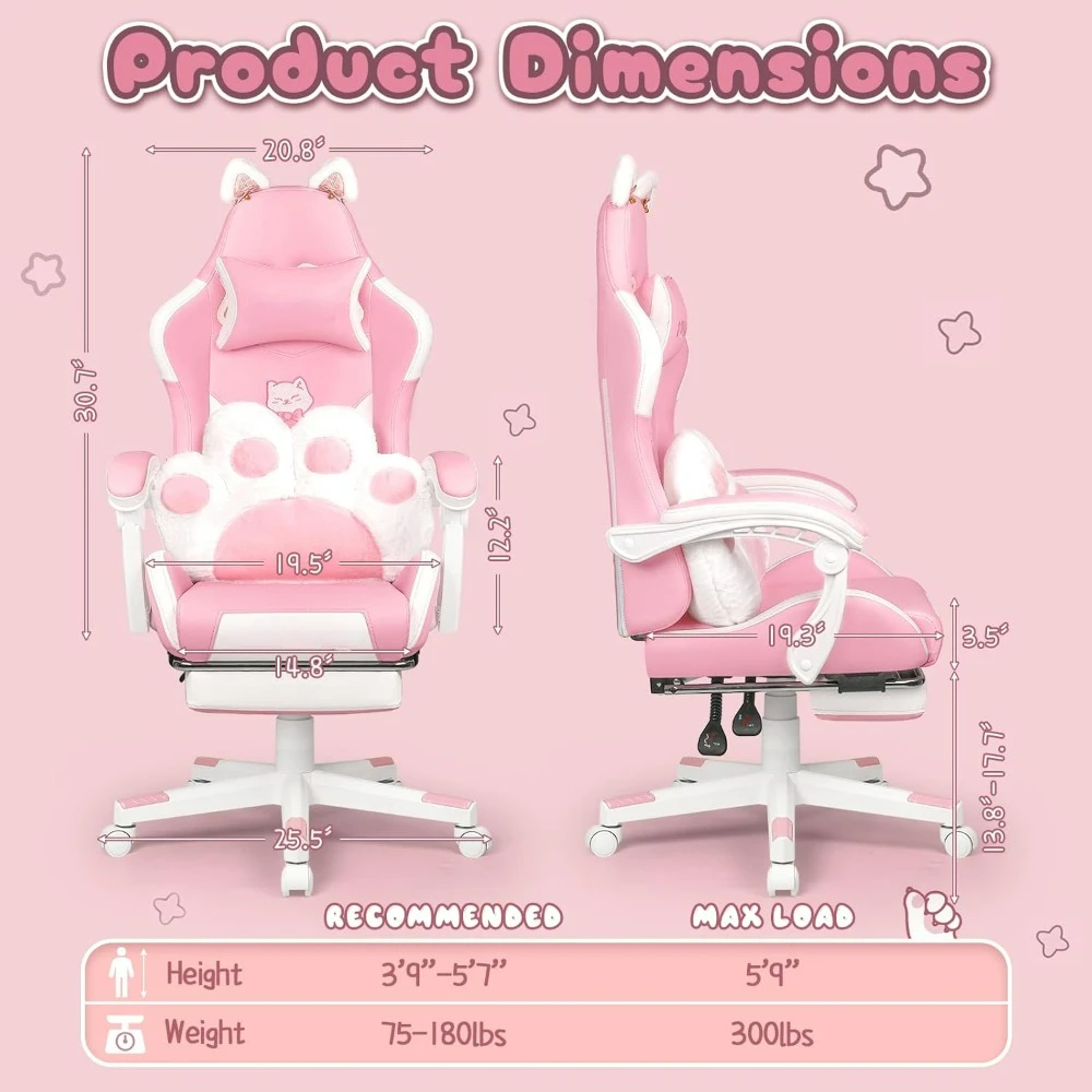 Pink Gaming Chair Cute with Cat Ears and Cat Paw Lumbar Cushion 2