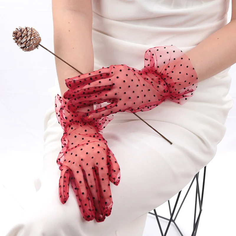 Women Sexy Lace Gloves Transparentes Dot Mesh Short Tulle Mittens Club Prom Party Dancing Fishnet White Dress Breathable Glove