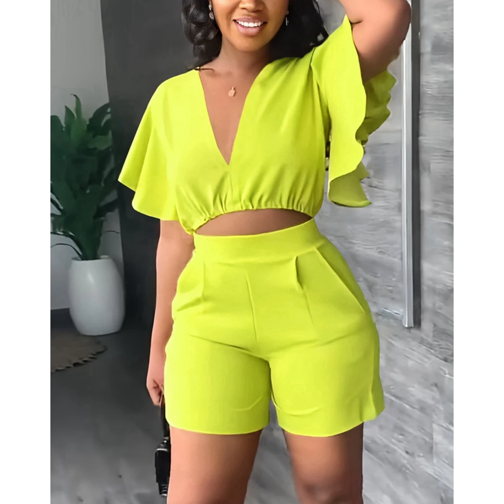 V-Neck Butterfly Sleeve Crop Top and Shorts Set for Women Skinny Two Pieces Shorts Casual Fashion Solid Outwear Hot Summer 2024