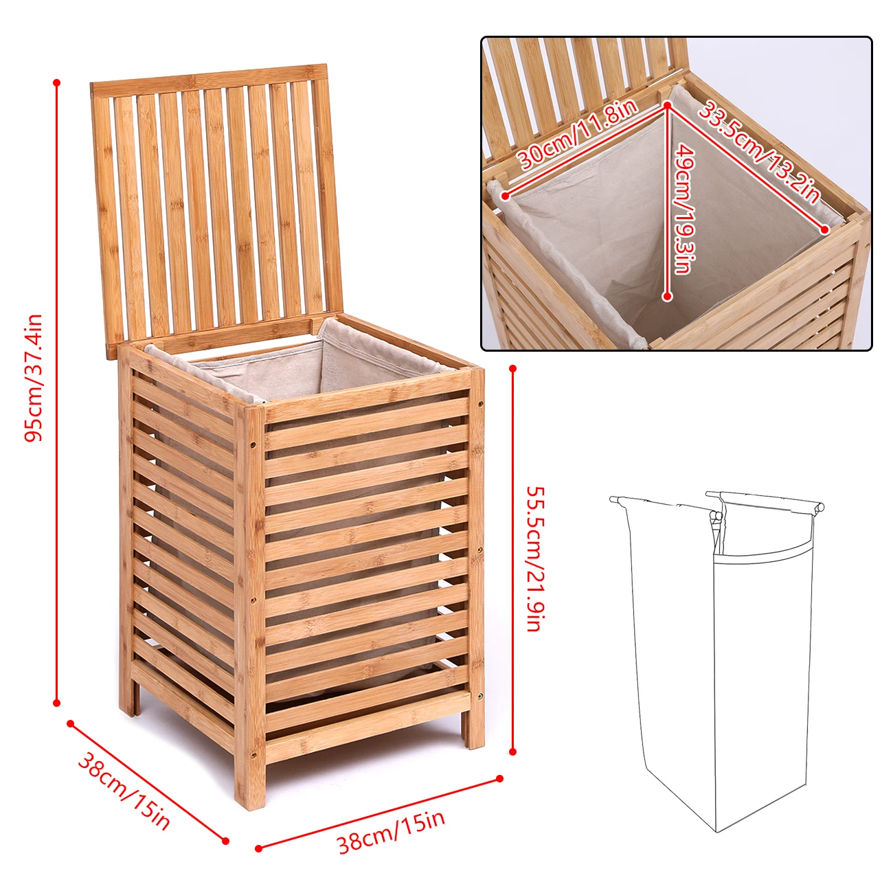 79L Large Laundry Basket With Lid, Bamboo Laundry Hamper With Removable Liner Bag, Slim Baskets Sorter For Room,