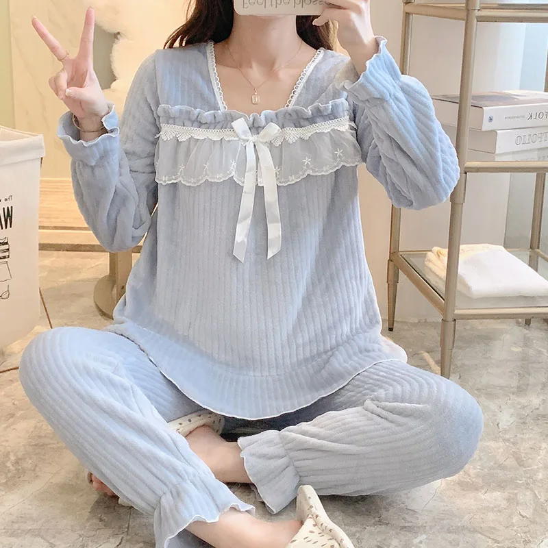 Winter new square-neck lace coral fleece pajamas women's casual sweet thickened warm flannel solid color 2-piece home clothes