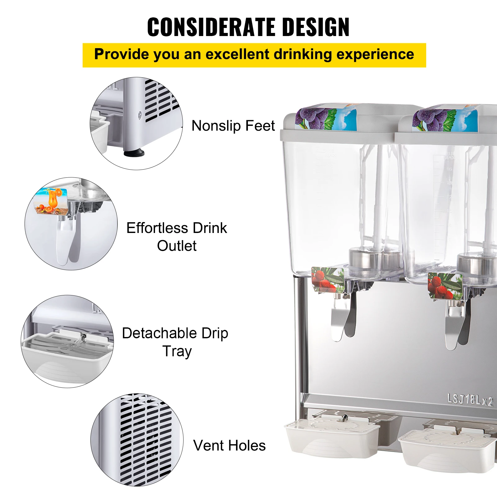 VEVOR Commercial Beverage Dispenser, 18L X 2 Tanks Juice Dispenser, 300W Food Grade Stainless Steel Ice Tea Drink Dispenser 6
