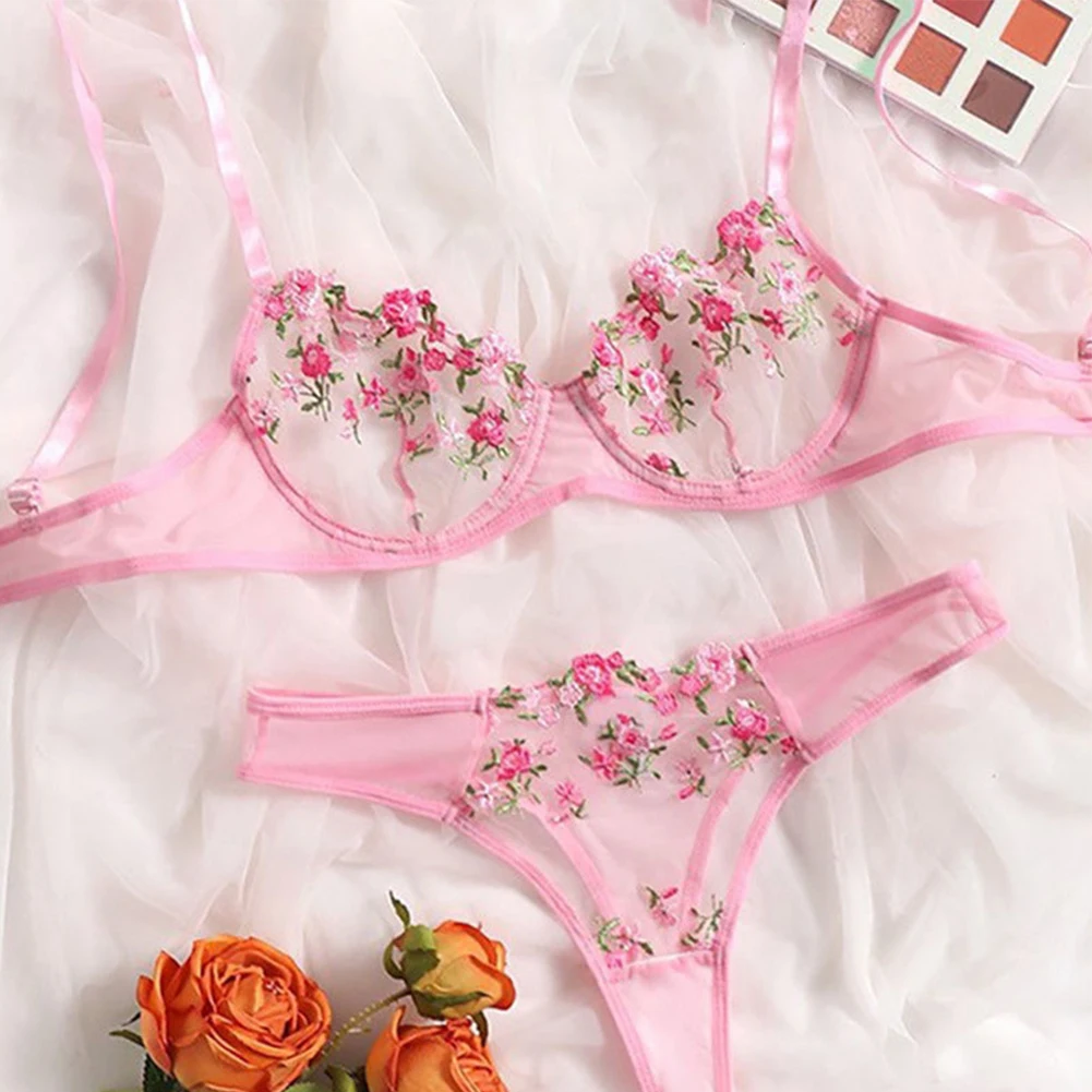 

Women Sexy Lace Embroidery Bra Ultra-Thin Elasticity Breathable Thongs Set Perspective Sheer Nightwear Pink Lingerie Sleepwear