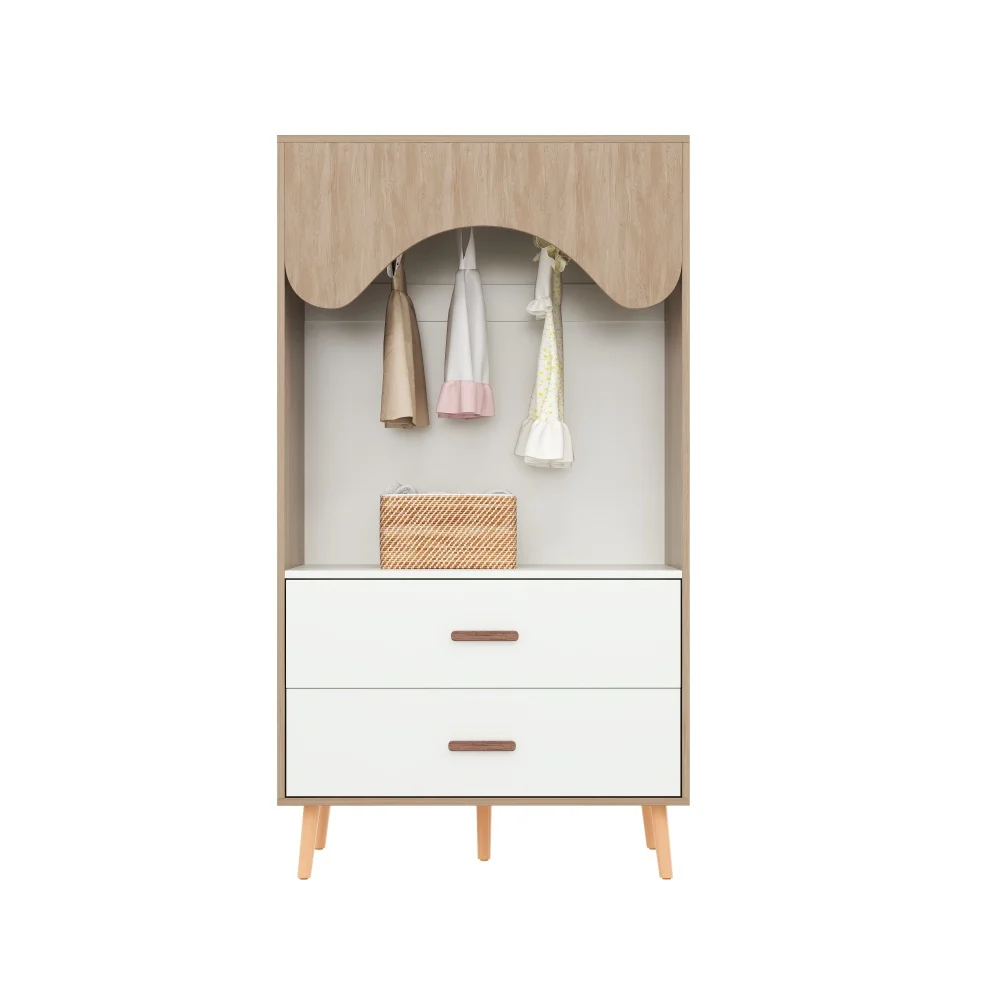 Kindergarderobe | Offenes Design mit Kleiderschrankstab und Schubladen, Vollholzgriffen, Spanplatte, Aufbewahrungsmöbel für Kinderzimmer – Detail 8