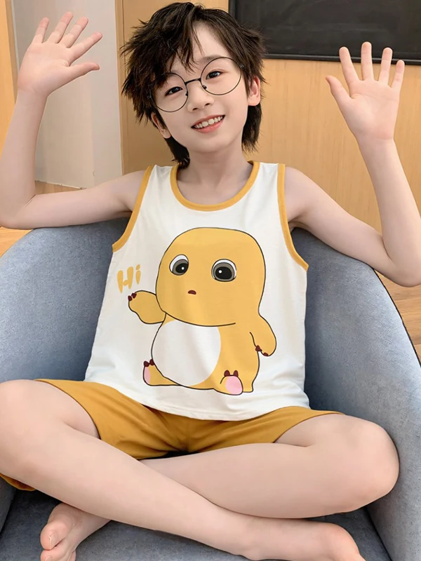 순면 여름 얇은 잠옷 남아 아동 홈웨어 반팔 조끼 편안하고 통기성 좋은 십대용 수면복