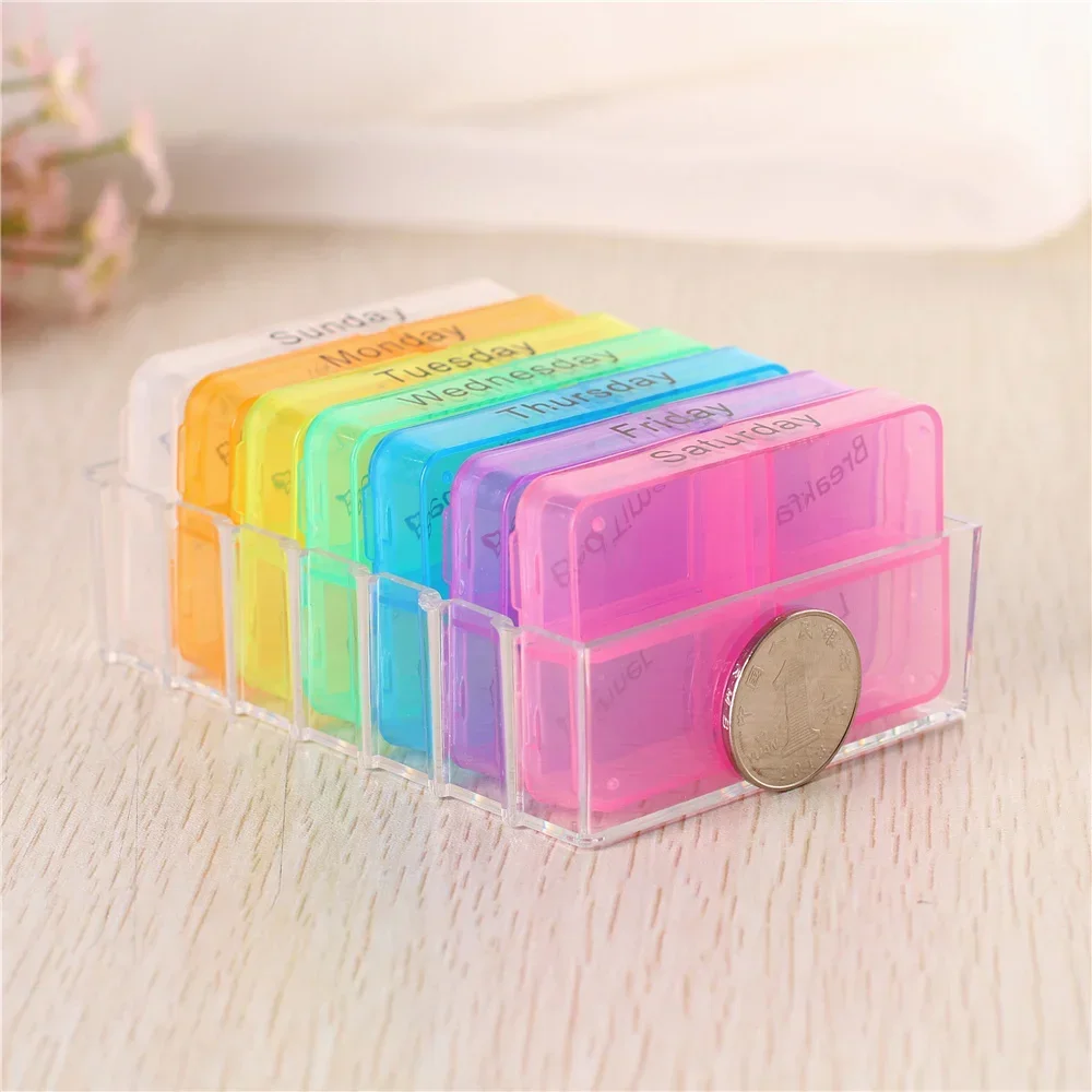 Colorful Weekly Pill Organizer with 7-Day 28-Compartment Design and Braille Labels for Secure Health Storage