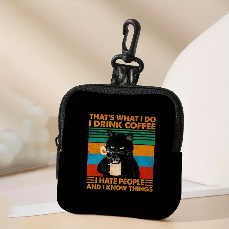 Black Cat Printed on Black Base Zero Wallet Artificial Leather Zippered Multifunctional Mini Earphone Storage Bag