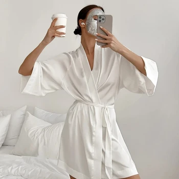 Vestaglia da Sposa Bianca da Donna, Kimono in Raso di Seta, Camicia da Notte Larga con Maniche a 3/4, Lingerie