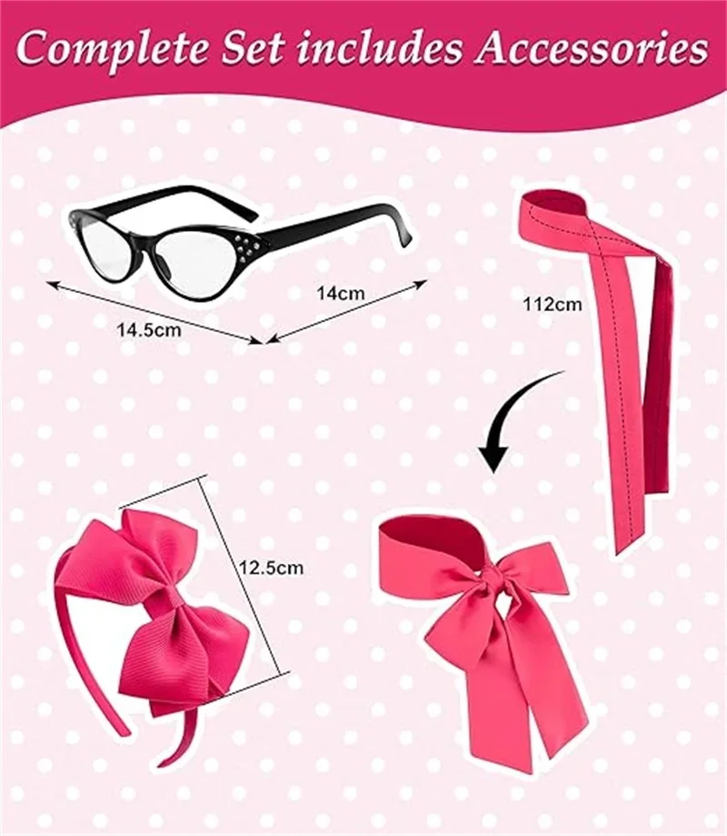 Vintage 1950er Pudelkleid für Mädchen, Sommerliches Polka-Dot-Prinzessinnenkleid mit Schals, Brille und Stirnband, Kinder-Geburtstagskleid – Detail 4