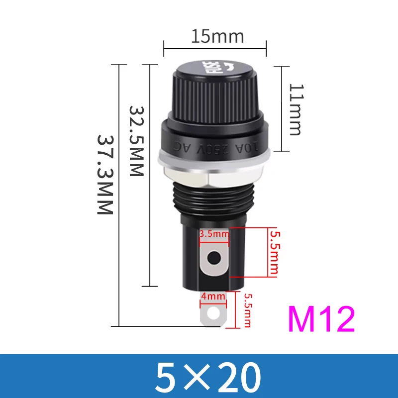 Glass Tube Fuse Holder Bakelite Fuse Holder High Temperature Resistant With Glass Tube 5x20 6x30 Black Knob M12 M14 Nut Fuse Holder 250V 10A