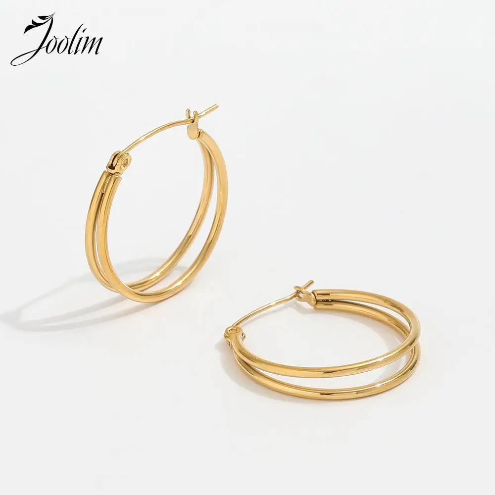 

Joolim Jewelry High End PVD Waterproof Simple Vintage Double Layer Linellae Hoop Stainless Steel Earring Trend For Women