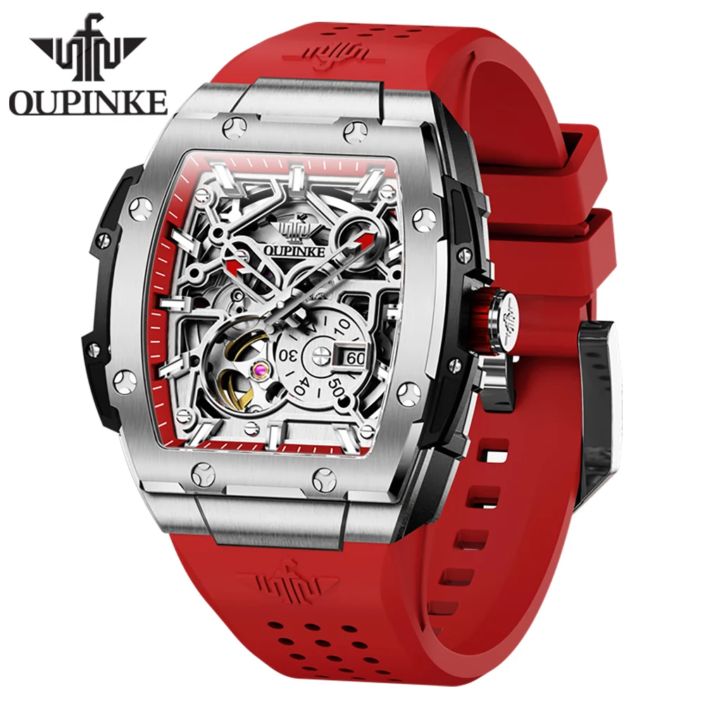 OUPINKE Luxury Brand New Men's Watches Waterproof Fully Automatic Mechanical Watch Tonneau Top Original Skeleton Male Wristwatch
