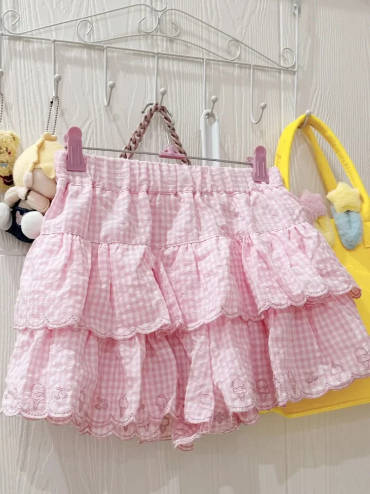 Harajuku Japanese Sweet Summer Skirt Women High Waist Kawaii Embroidery Mini Skirt New Fashion Plaid Y2k Pink Cute Skirts 2025