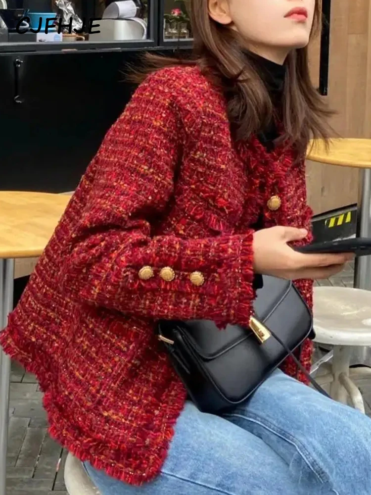 CJFHJE Tassel Red Winter Tweed Suit Jackets Women Casual Short Outerwear Tops Vintage Button O-Neck Long-Sleeved Blazers Female