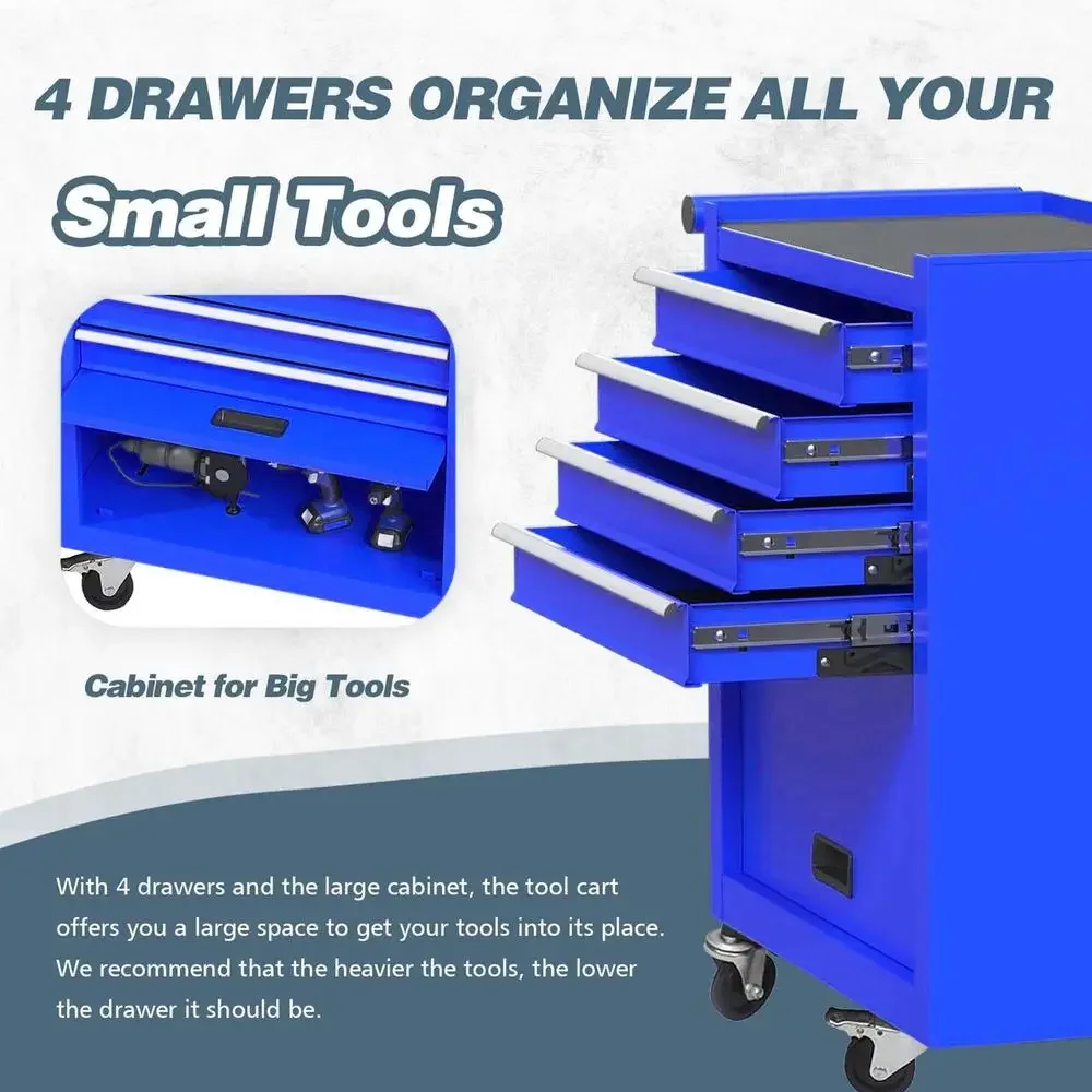 Steel Rolling Tool Box Cabinet Garage 4-Drawer Blue Anti-Rust Storage Organizer Includes Locking System Drawer Liner Soft Close 5