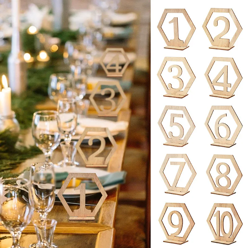 1-20 Table Number Signs Wooden Wedding Table Numbers Hexagon Shape with Holder Base Engagement Birthday Banquet Decor Wood Craft