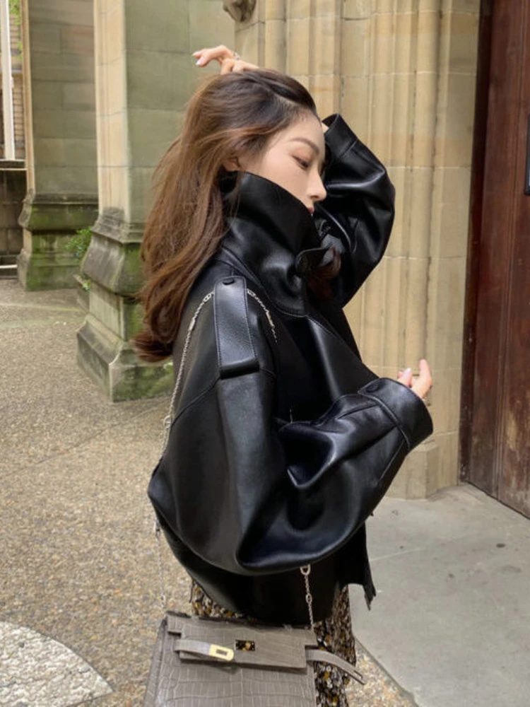 Fried Street Motorcycle Leather Clothes Women\'s New Korean Large Lapel Loose Short PU Black Jacket In Autumn 2022