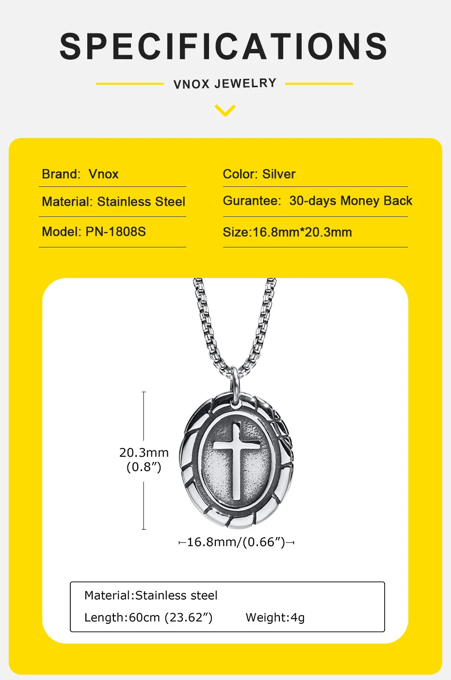 Vnox Vintage Silber Farbe Edelstahl Kreuz Halsketten für Männer Frauen, Einfache Punk Religiöse Glauben Kragen Geschenk Schmuck – Detail 4
