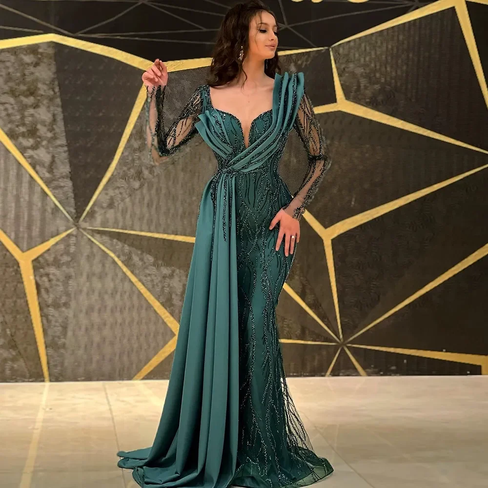 

Verngo0 Green Sweetheart Party Gown Long Sleeves Sequined Prom Dress Tiered Draped Train Saudi Arabic Evening Dresses