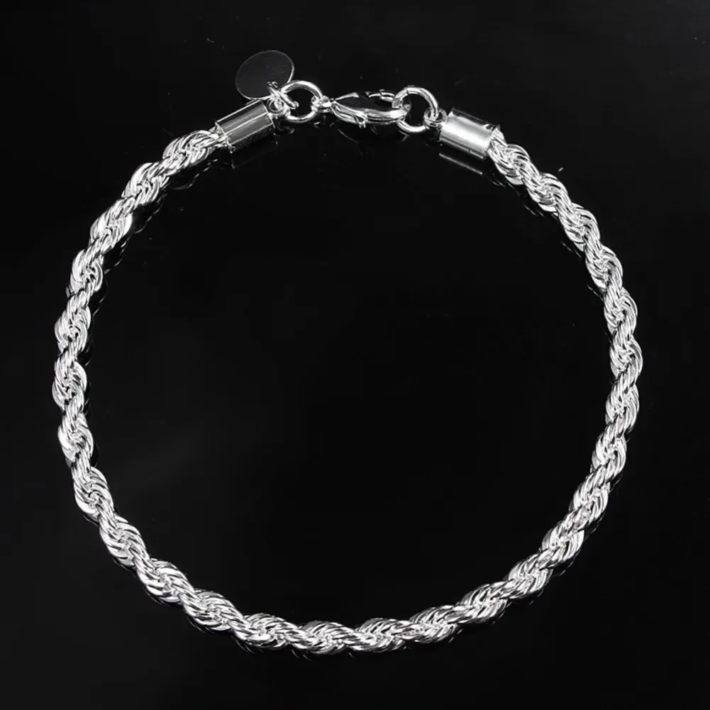 925 Sterling Silver Bracelet 4mm20cm Flat Side Chain Lobster Clasp For Woman Man Wedding Engagement Jewelry 2