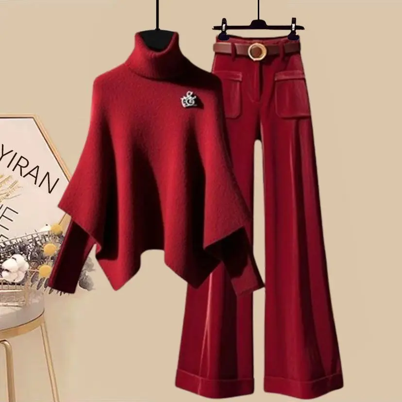 عيد الميلاد السنة الجديدة المرأة قطعتين مجموعة عالية الخصر بنطال ذو قصة أرجل واسعة أعلى وقيعان فرقة الخريف الشتاء الإحساس الموضة
